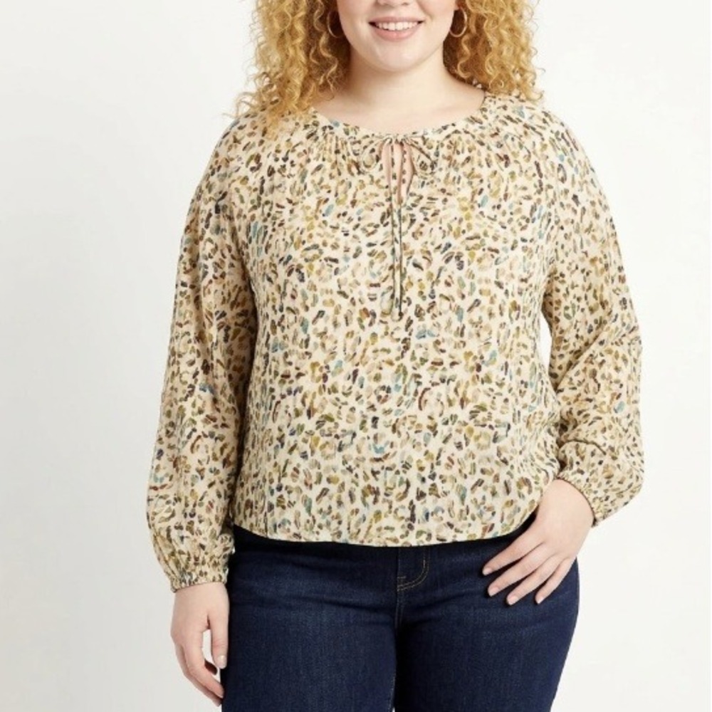 Jane and Delancey Large Tan White Leopard Print Tie Front Long Sleeve Blouse